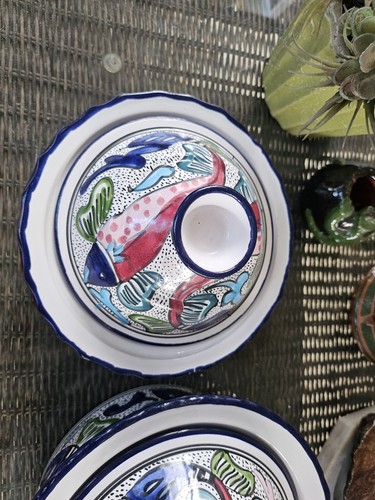 2 Gorgeous Clay Ceramic Tunesia TAGINE POTs & LIDs Blue Red Aqua Fish Design - Picture 4 of 18