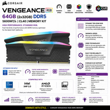 NEW CORSAIR VENGEANCE RGB 64GB 2x32GB DDR5 RAM 5600MT/s CL40 Memory - Black