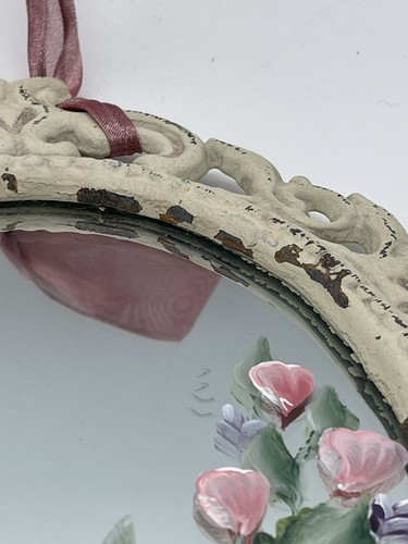 Cast Iron Rustic Victorian Roses Painted on Mirror White Hanging Mirror 9" X 12" - Picture 4 of 5