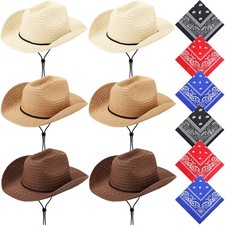 6 Set Straw Hats Cowboy Bandanas Set Cowgirl Western Party Beige, Khaki, Brown