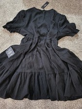 Lulus Black Solid Round Neck Puff Sleeve Tiered Ruffle Mini Dress Women XL