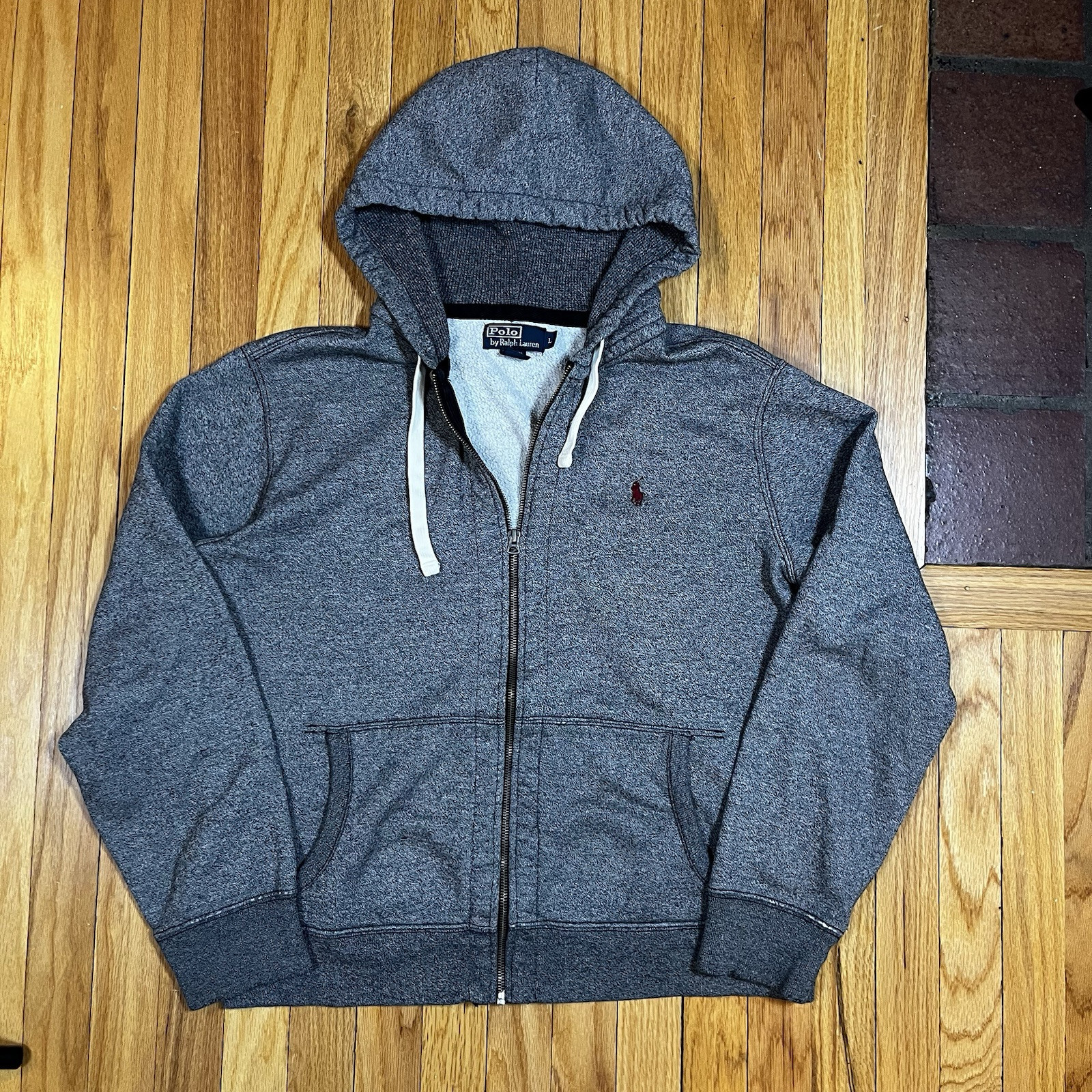 Polo Ralph Lauren maglione pony uomo taglia L grigio full zip cappuccio foderato waffle
