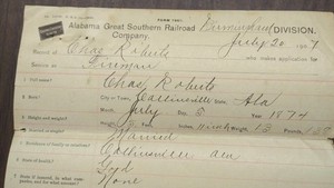 ALABAMA GREAT SOUTHERN RAILROAD Job Application CHAS ROBERTS Collinsville 1907