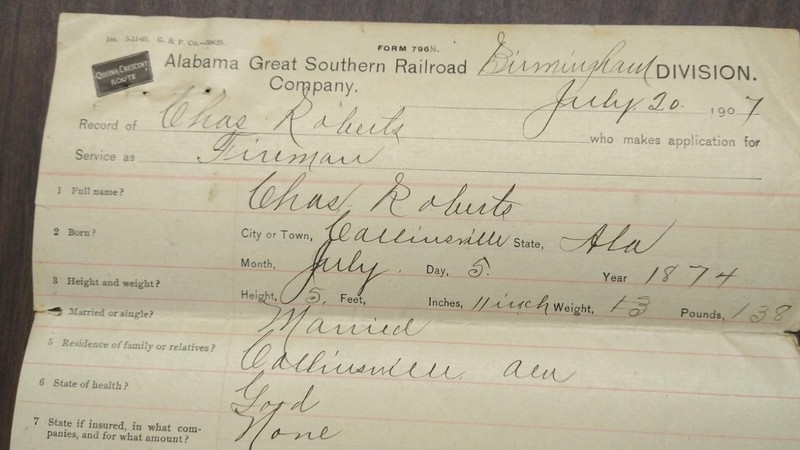 ALABAMA GREAT SOUTHERN RAILROAD Job Application CHAS ROBERTS Collinsville 1907
