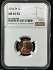 1951-D 1C RD Lincoln Wheat One Cent NGC MS66RD  6814090-068