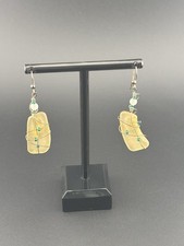 Handmade 925 Sterling Silver Yellow Sea Glass Green Bead Dangle Earrings 6g