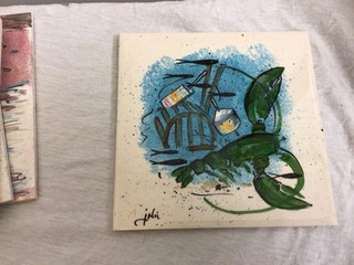 Vtg JOBI Pottery 6x6 Tile Nautical Motif Lobster Trap Hand Signed and Painted