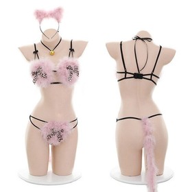 Women Sexy Leopard Underwear Plush Cat Cosplay Uniform Bikini Set Kitty Lingerie