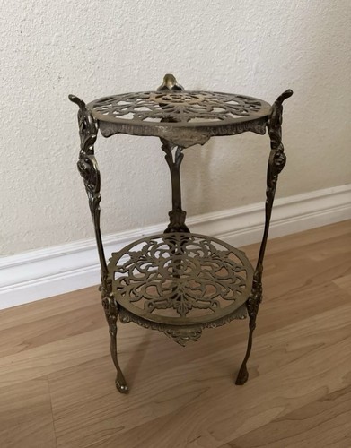 Vintage 2 Tier Brass Plant Stand Table Shelf Hollywood Regency Victorian