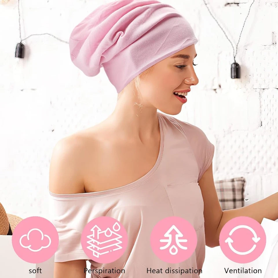 Turban Damen 2 Stück Beanie Chemo Kopfbedeckung Baumwolle Schlafmütze Pink Beige - Bild 3 von 4