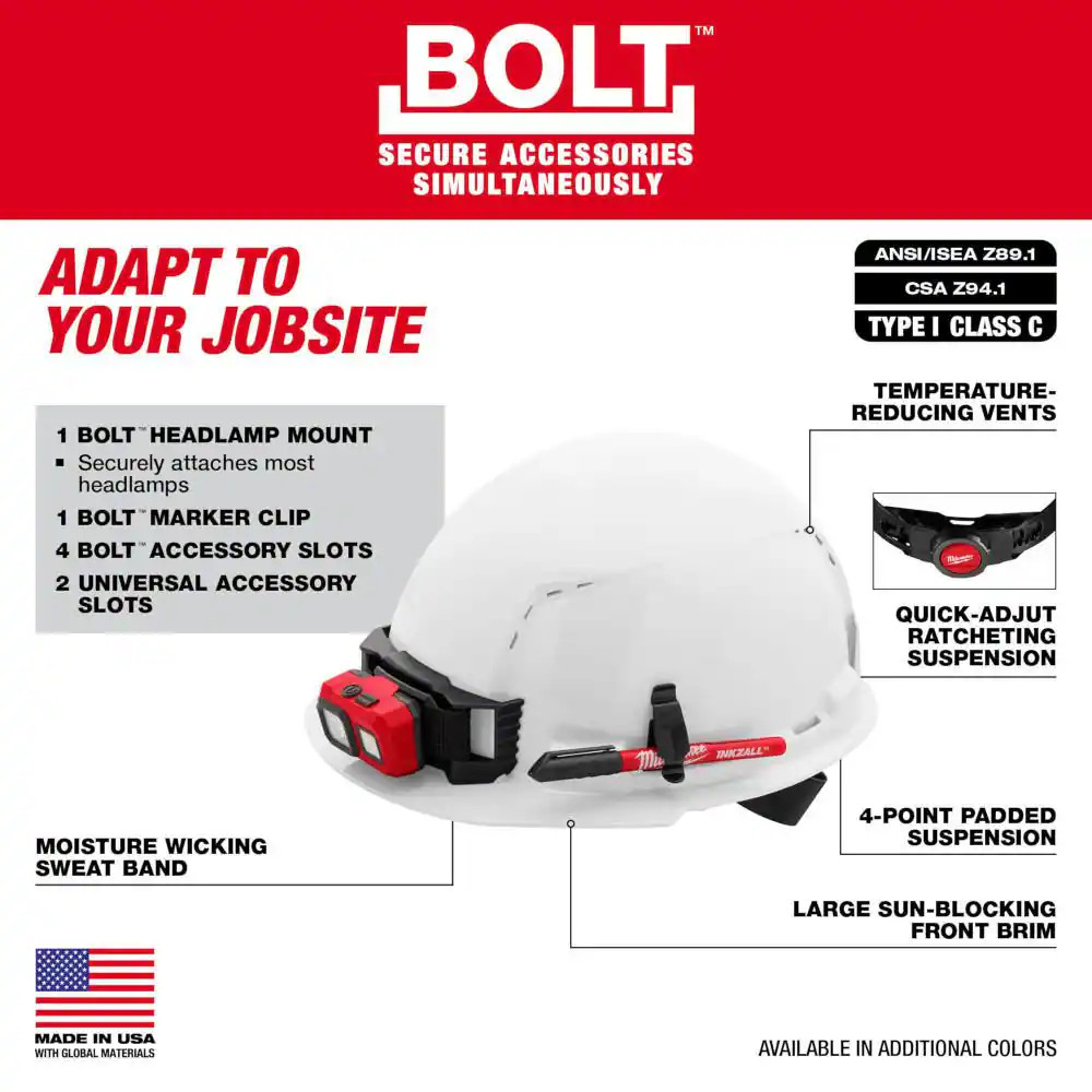 BOLT White Type 1 Class C Front Brim Vented Hard Hat W/4 Point Ratcheting Suspen