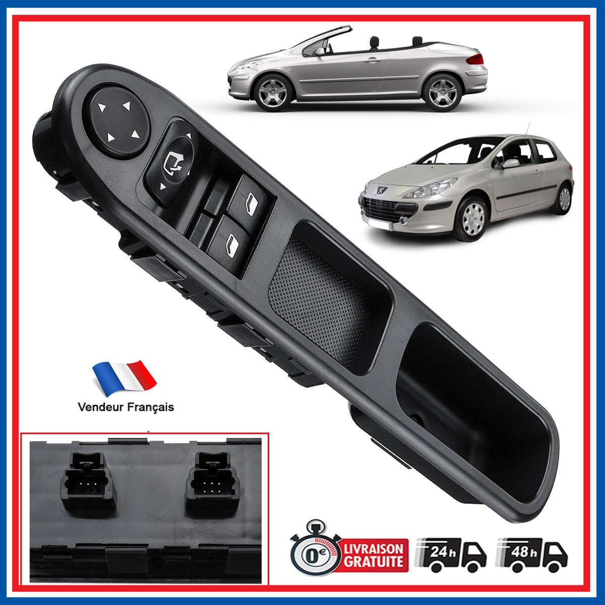 Interrupteur De Vitre Électrique Gauche Pour Peugeot 307 2000-2005 - Référence 96351622XT / 6554.E4 - 12V, Noir, ABS