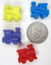 Set of 4 Miniature Plastic Railroad Train Engine Charms Red Yellow Purple Blue