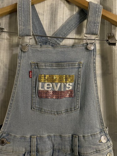 Levi’s Girlfriend Overalls Sequin Bling Size Big Girl 10 Reg Light Wash Denim - Picture 12 of 17