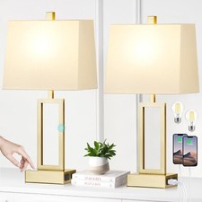 Touch Control Table Lamps Set of 2, Modern Gold Bedside Lamps with USB A C Po...