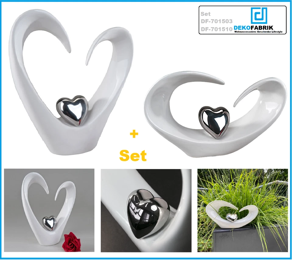2-Deko-Skulpturen-Herz-"Coeur"-Steingut-weiß-silber-glasiert-Deko Formano - Bild 1 von 4