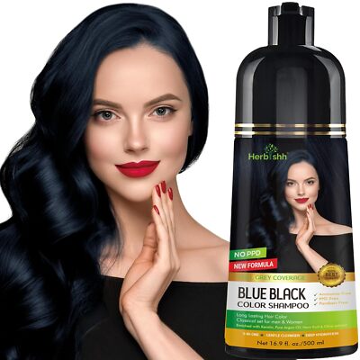 Herbishh Blue Black Hair Dye Shampoo 400ml Gray Coverage Argan Oil Unisex