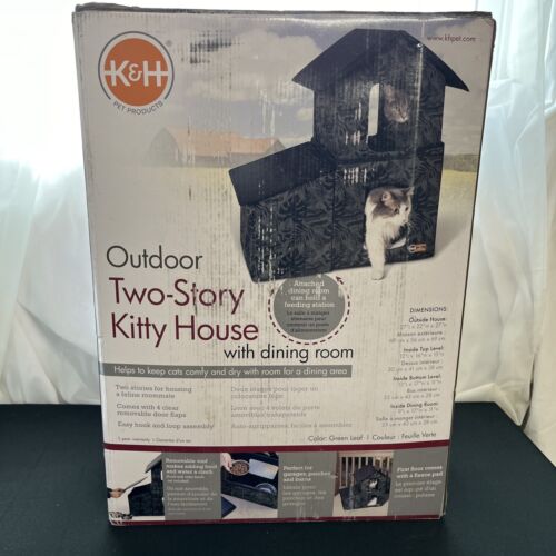 K&H Pet Products Outdoor Two-Story Kitty House with Dining Room Green Leaf NEW - Picture 1 of 1