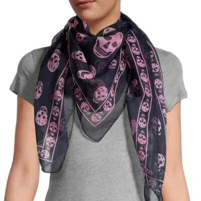 NWT Alexander McQueen Chiffon Skull Print Silk Navy/ Pink Scarf
