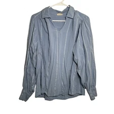 ANA Blouse Women's Large Blue Striped Long Sleeve Shirt Top Collared Tie Casual