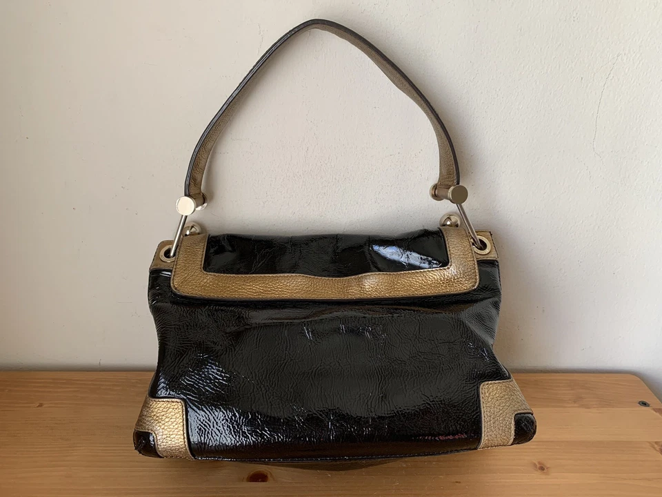 ANYA HINDMARCH Mujer Bolso de Mano Negro Charol Dorado Herrajes Bolso Foto 3 de 4