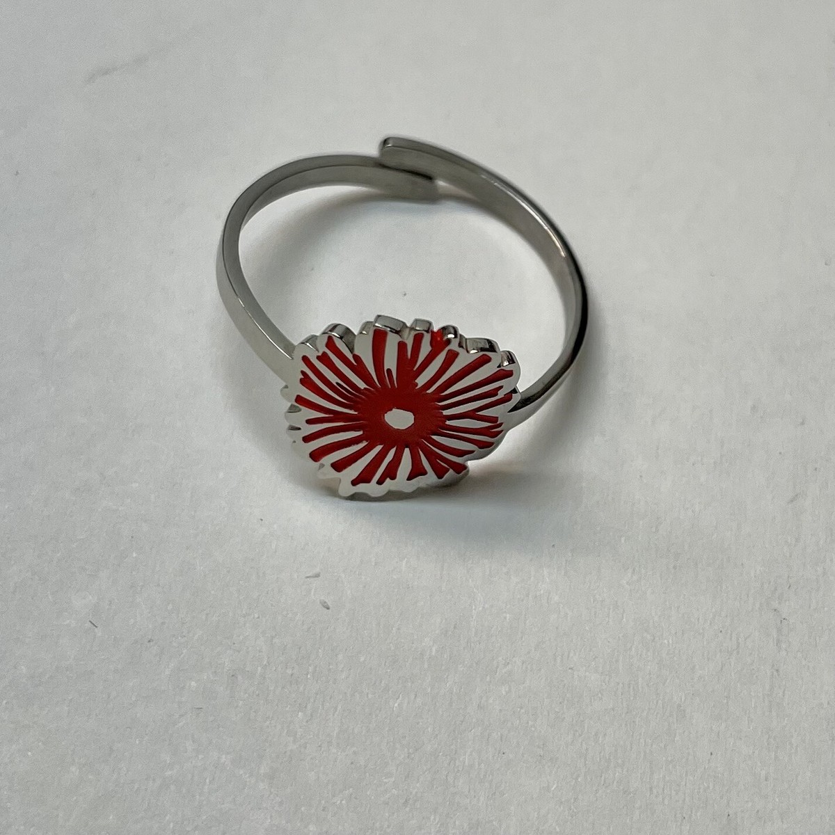 Zag bijoux adjustable ring silver tone red enamel flower | eBay