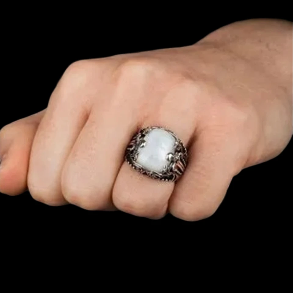 Anillo de madreperla de plata de ley 925 con lados de espada para hombre talla 7-15 Foto 4 de 4