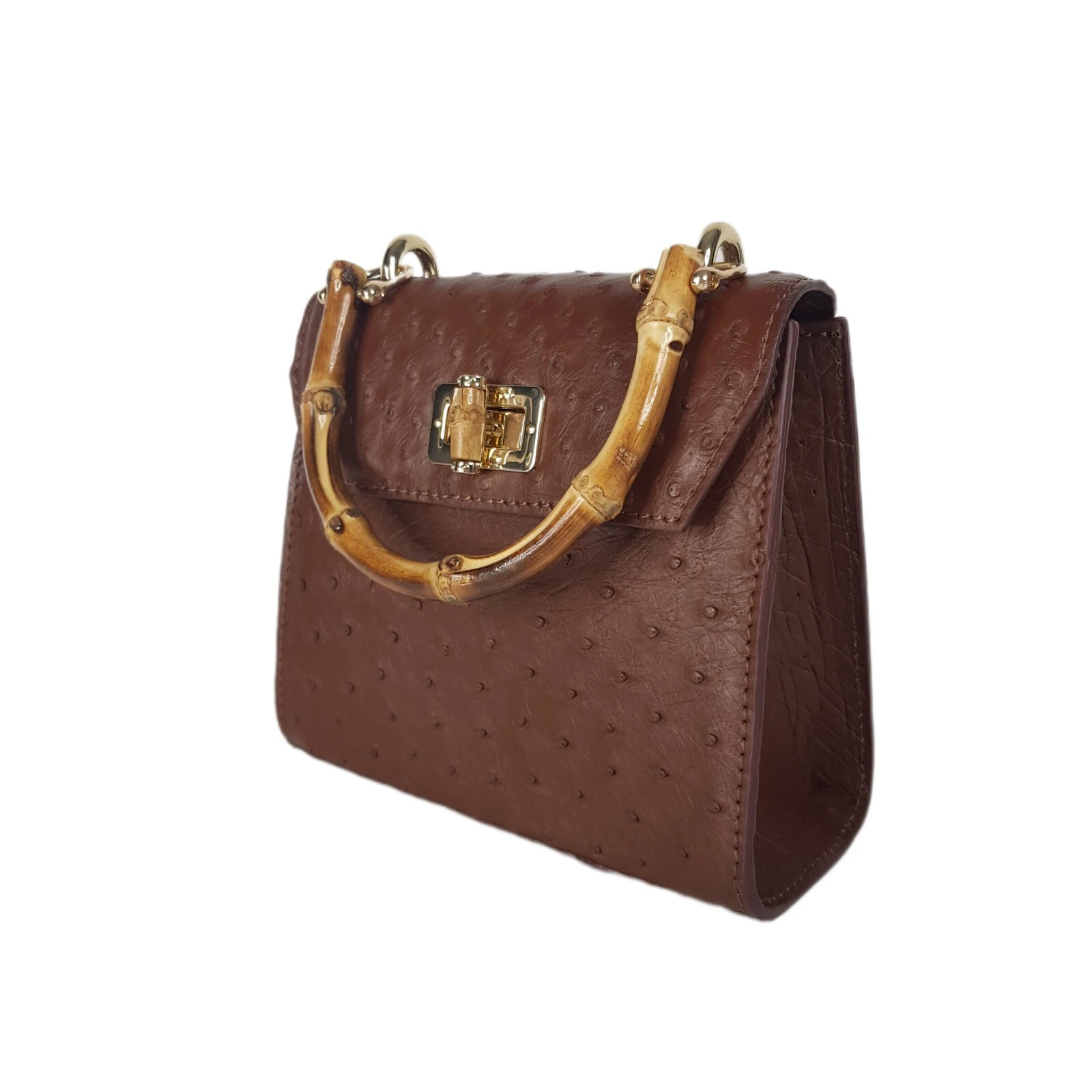 GUCCI Lussuosa VERA pelle di struzzo donna marrone borsa a tracolla manico in bambù