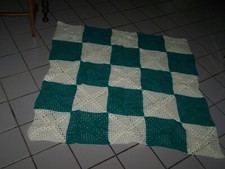Plaid Jeté de table Coussin  Ancien Crochet Patchwork Vert Blanc  VINTAGE