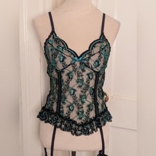VTG 80s Teal Green Black Lace Teddy Lingerie w/ Garter Belt And Stockings-Sm