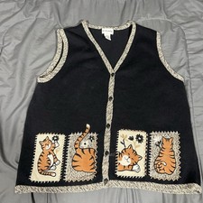 Vintage Breckenridge Sweater Vest Embroidered Cats Patchwork Womens XL Grandma