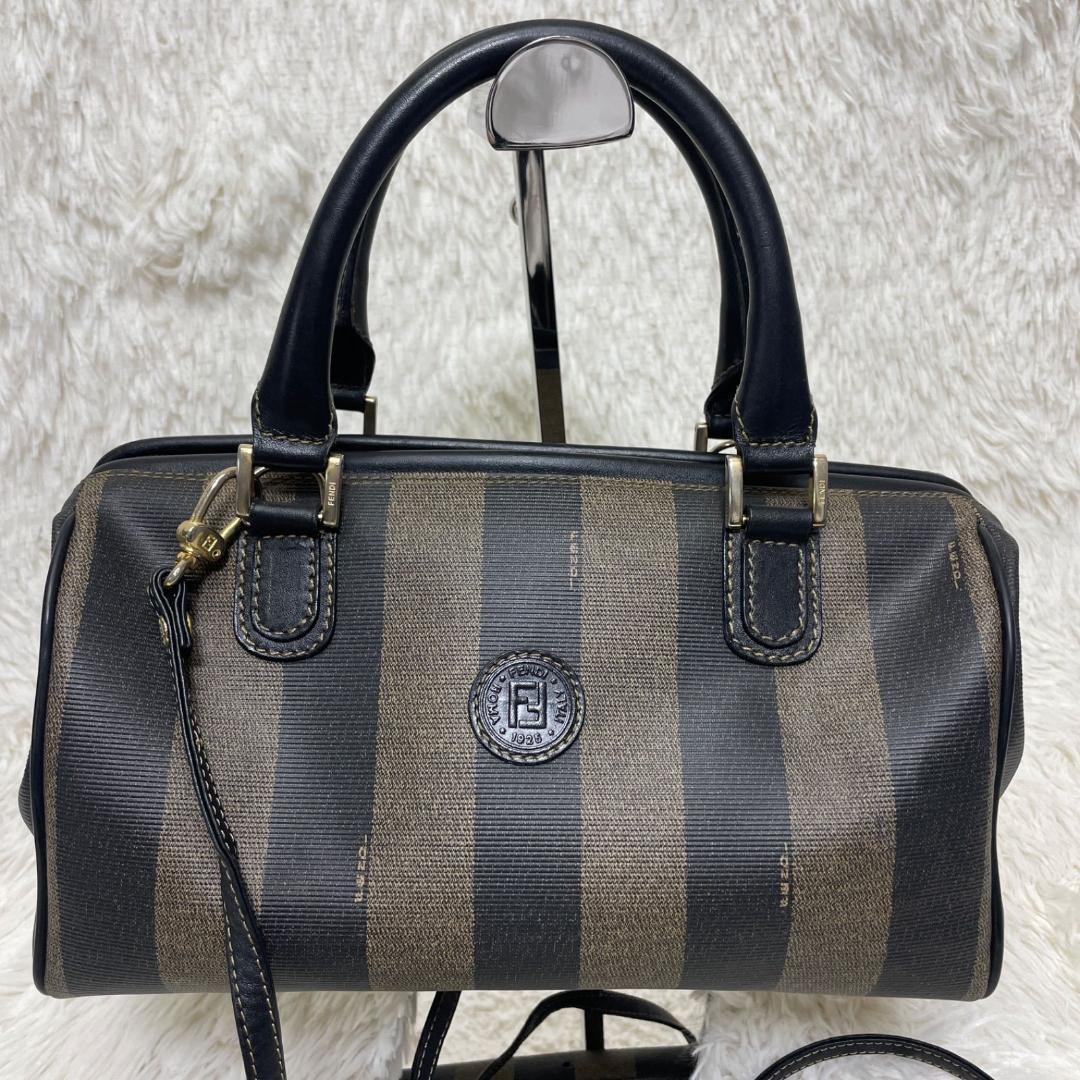 Fendi 2-Way Shoulder Bag in Pequin Stripe PVC Leather Khaki Black Made in Italy