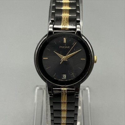 Pulsar Womens Watch 24mm Black Dial Two Tone Bracelet Date V732-0590 New Battery