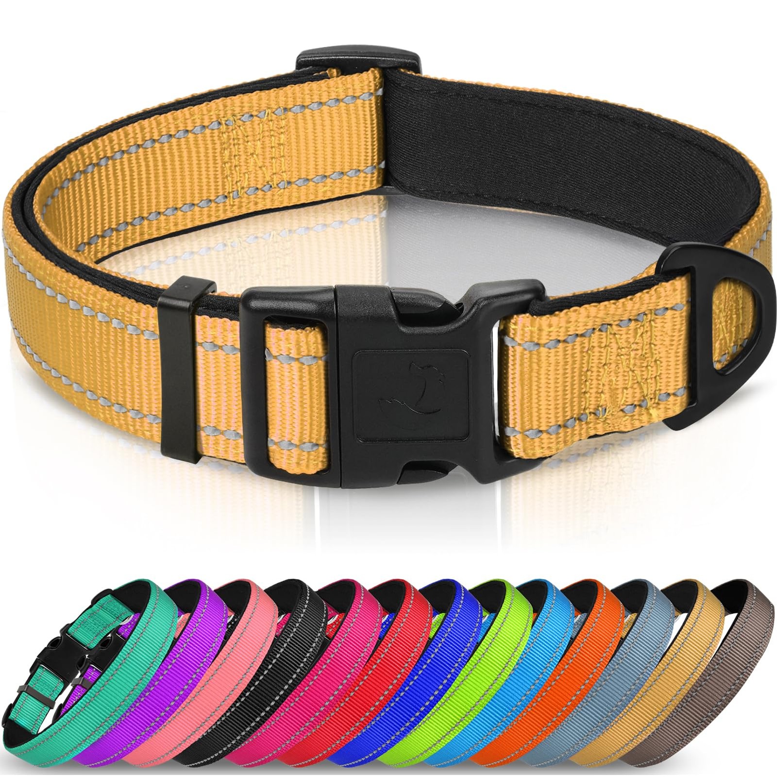 Collier pour chien en nylon noir réfléchissant avec rembourrage