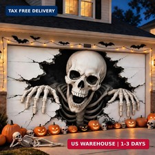 7 x 16 ft Halloween Garage Door Cover, 3D Skeleton Breaking Through Door Hallowe
