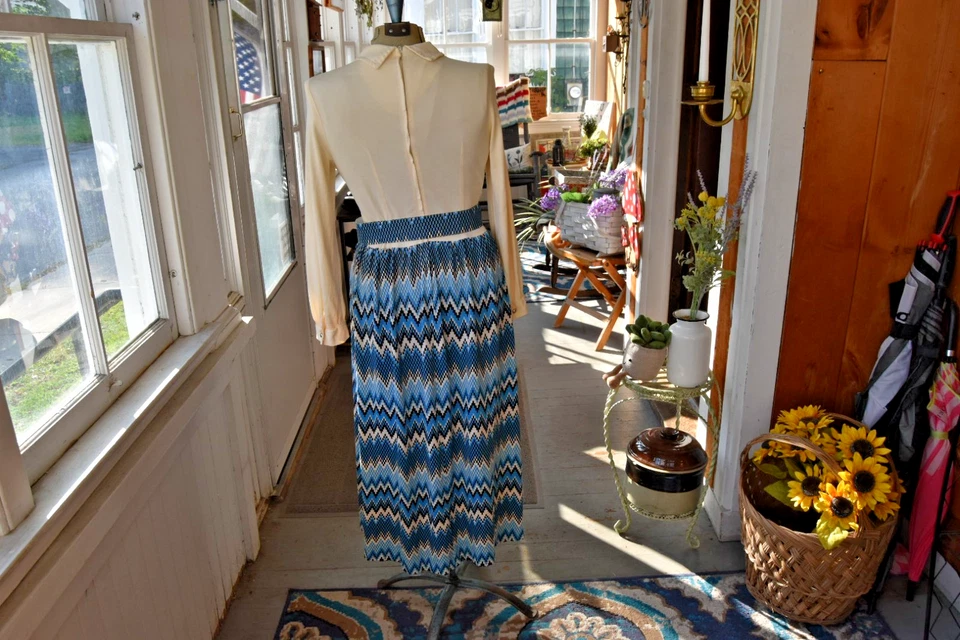 Maxi Vestido Chevron Vintage Años 70 Manga Larga Mod Con Cinturón Talla Mediana Foto 4 de 4