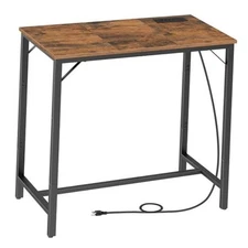  Bar Table with Charging Station, Rectangular Pub Table, Rustic Brown + Black