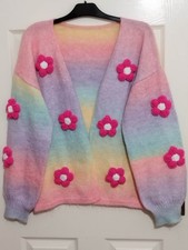 Rainbow Knitted Cardigan + Crochet Flowers, Vintage/Retro Top Hippie Boho Jumper