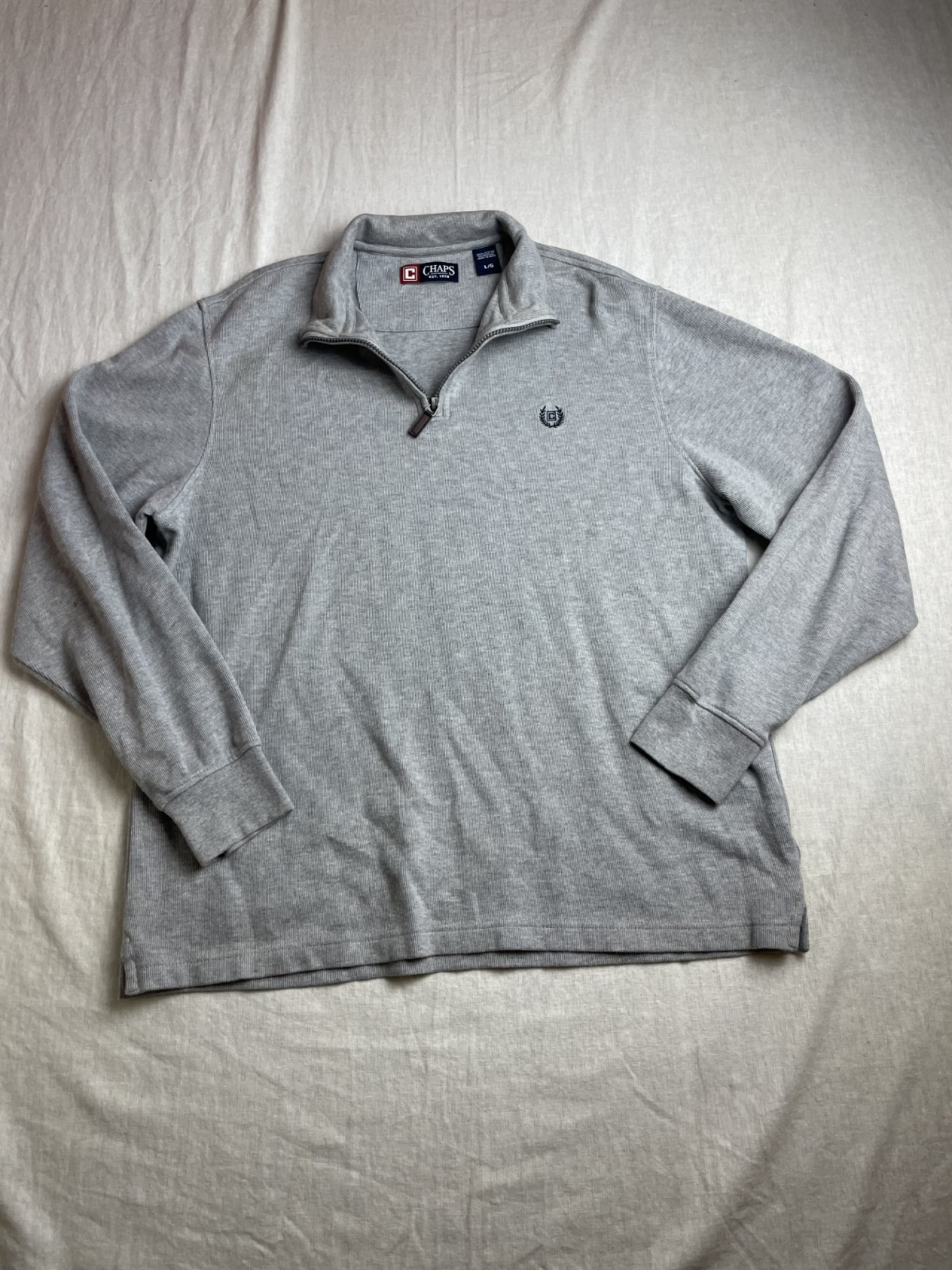 Chaps Gray Mens L Cotton Ribbed Knit 1/4 Zip Old Money Preppy Pullover Sweater