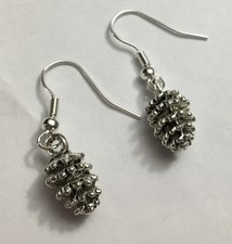 Pine Nut Charm Earrings , Silver Food Vegetable Pine Kernel Chef Cook