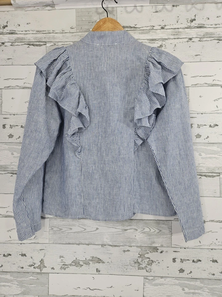 Olivaceous 100% Linen Blue Striped Ruffle Button Front Blouse Cropped Womens M - Image 3 of 4