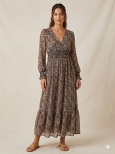 Boho Black Floral Maxi Dress Smocked Waist V-Neck Prairie Cottagecore MEDIUM