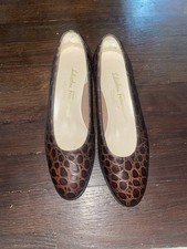 Ferragamo Heel Shoes Brown Crocodile Embossed Leather Size 6