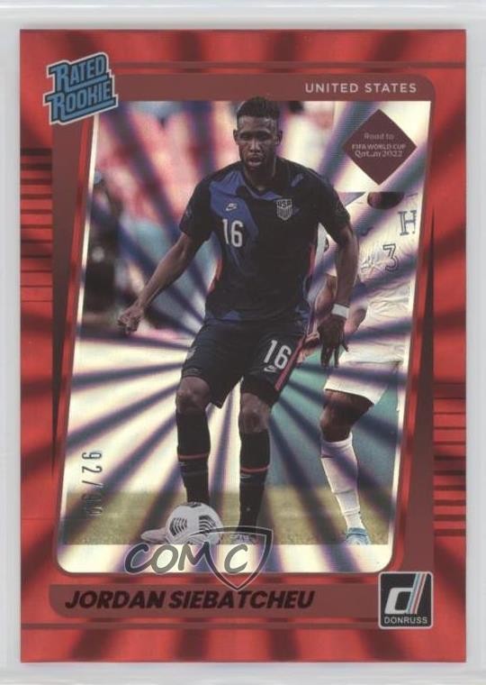 2021-22 Panini Donruss Road to Qatar Holo Red Laser 92/99 Jordan Siebatcheu 0a7