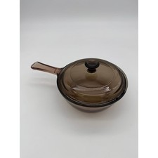 Vintage Corning Visions Amber Glass Saucepan w/ Lid Cracked Handle 9" x 6.5"
