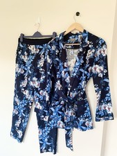 Oasis Blue Floral 2-Piece Suit – Tie-Waist Jacket & Trousers Set – Size UK 10