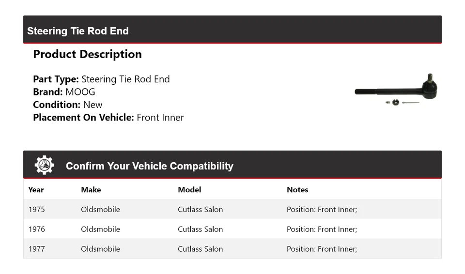 For 1975-1977 Oldsmobile Cutlass Salon Steering Tie Rod End Front Inner MOOG - Image 2 of 4