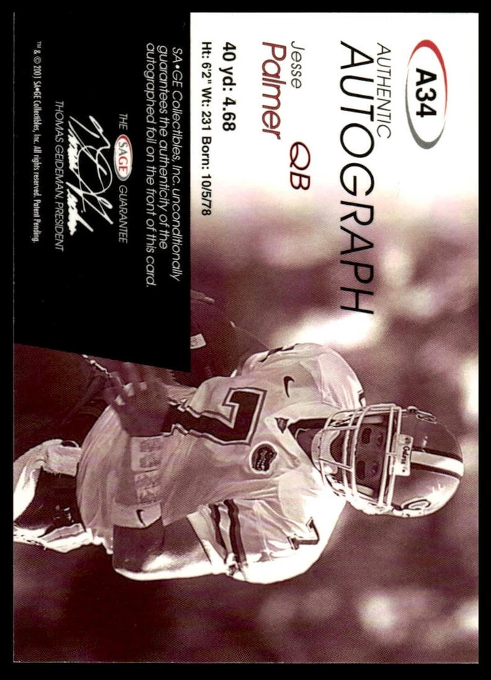 2001 SAGE #A34 Jesse Palmer Autographs Red #/999 - Image 2 of 2