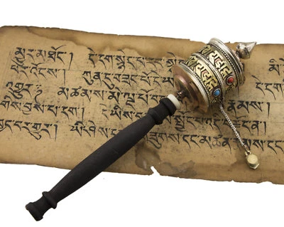 Moulin à Prières tibétain Om mani padme Aum Cuivre avec Mantra Bouddhiste #6058