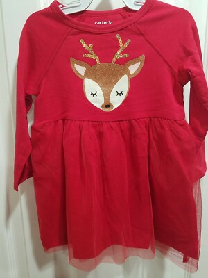 NWT Carter's Baby Girls Reindeer Jersey Tutu Dress, Red, 12 or 24 Months